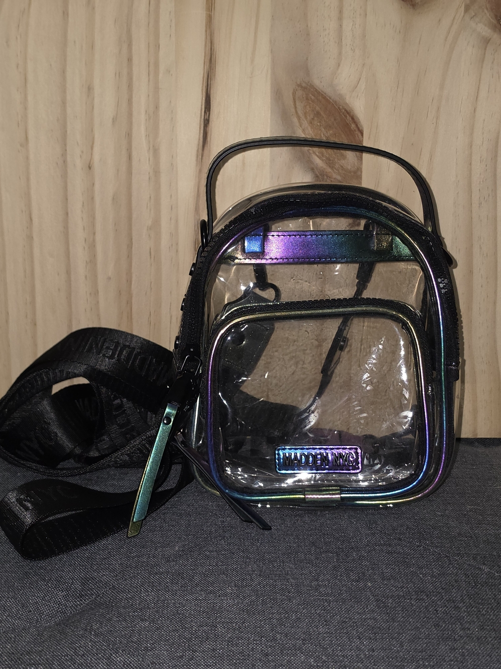 Steve Madden Clear Mini Backpack with Iridescent Trim and Black Strap
